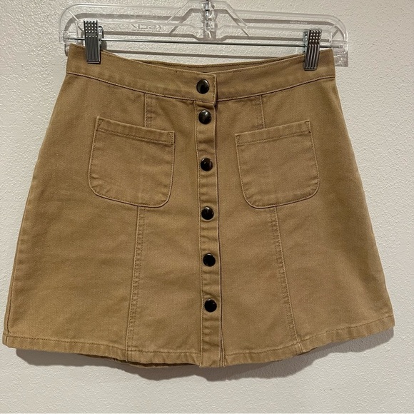 Urban Outfitters Skirt BDG Tan Khaki Denim Skirt Mod Snap Front A-line Mini SP - Picture 2 of 5